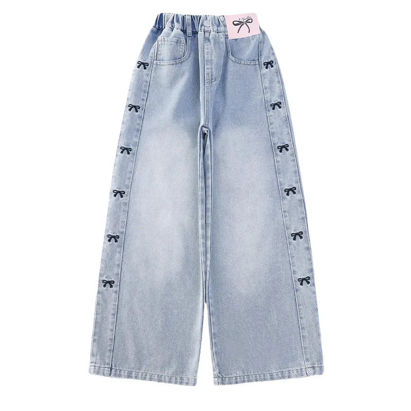 Girls\' Spring Thin Side Seam Embroidered Bowknot Jeans Loose Straight Wide Leg Denim Pants Teenagers Pure Color Washed Trousers