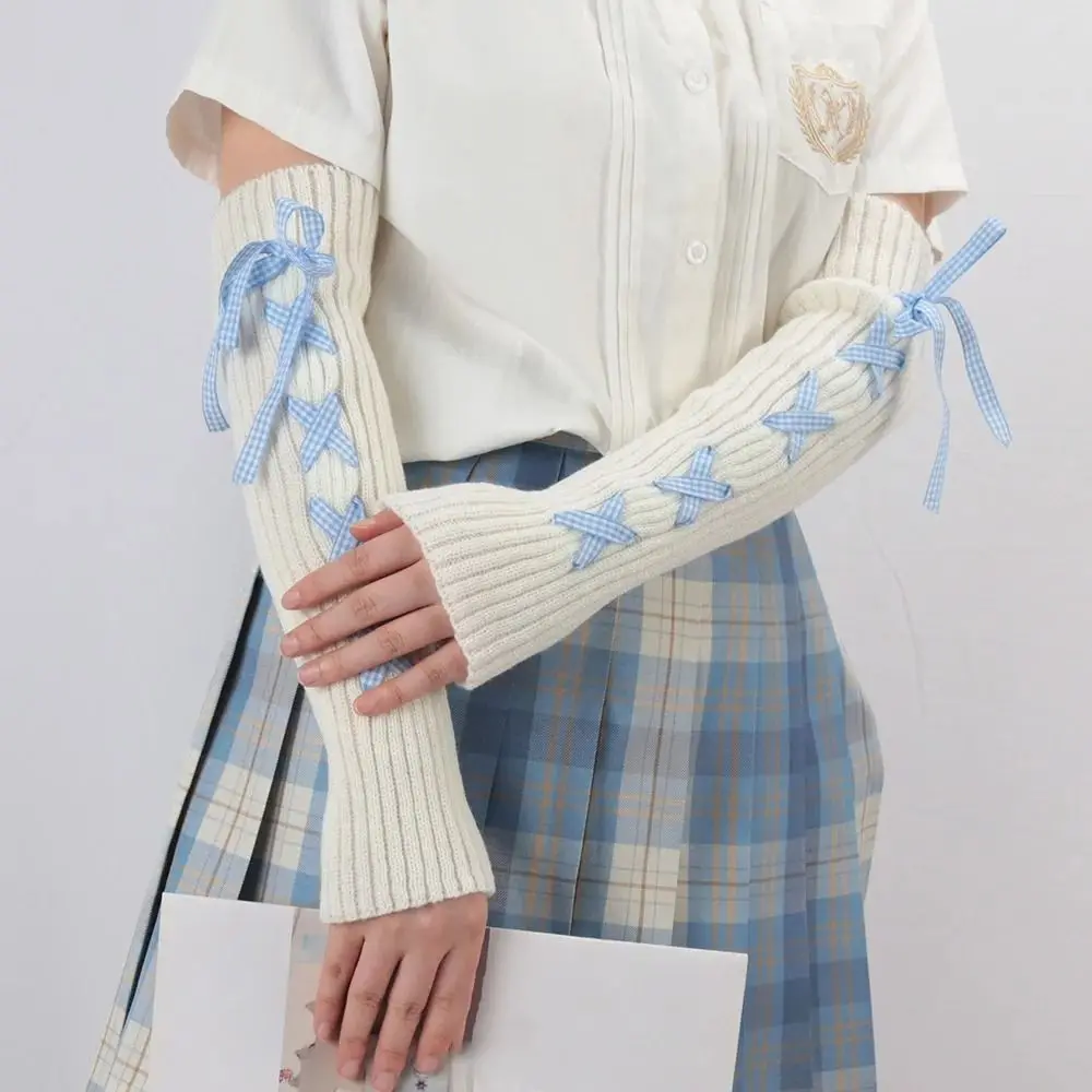 2024 New Women Autumn Winter Knit Arm Sleeves Kawaii Lolita Harajuku Stockings Fingerless Gloves Japanese White Goth Leg Warmers view 2