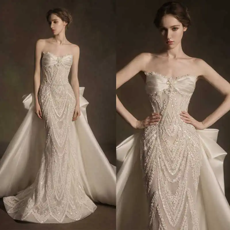 Vintage Strapless Mermaid Wedding Dresses Beaded Sequins Sleeveless Bridal Gowns Customized Vestidos De Novia