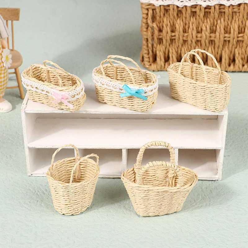 1pc Mini Cute Dollhouse Rattan Frame Hand-woven Vegetable Food Flower Basket Toys Dolls Miniature Decoration