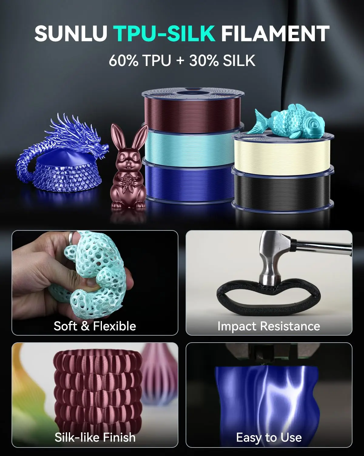 SUNLU TPU Silk Filament 1,75 mm Tolerancje ±0,03 mm 1 kg Szpula Elastyczny błyszczący jedwabny filament o gładkiej powierzchni do drukarki 3D FDM — zdjęcie 6