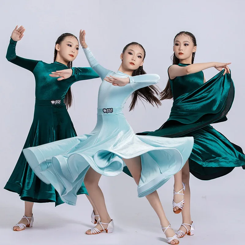 Customized Modern Dance Dress Children's Waltz Performance Training Clothes Art Exam Competition Dance Costumes Velvet 2pcs
