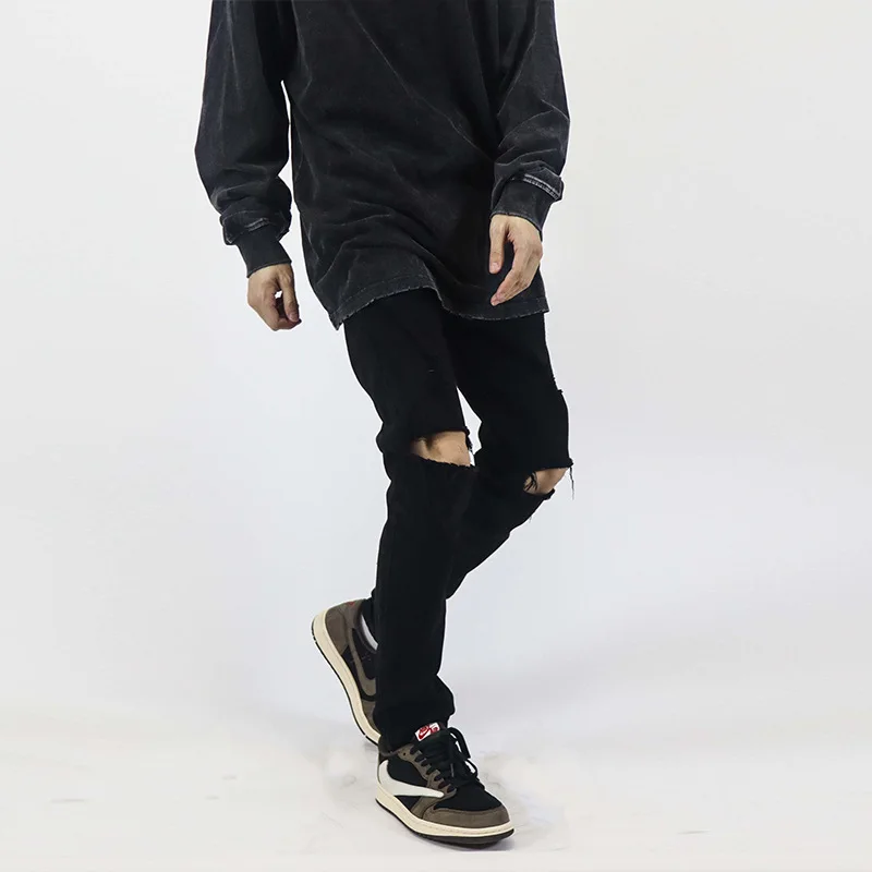 High Street Washing Slim Fit Tight Elastic Black Hole Fashion Streetwear Men's Summer Women Ripped Jeans Denim Pants