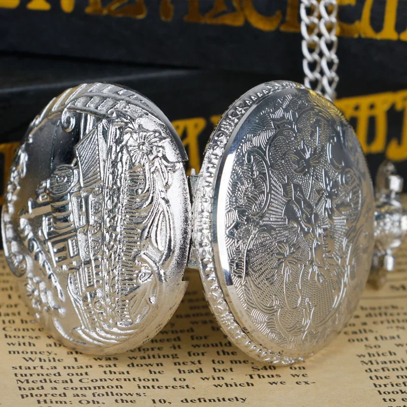 Silver Train Carved Quartz Pocket Watch Men Women Watch Fashion Necklace Pendant Hot Selling Commodity