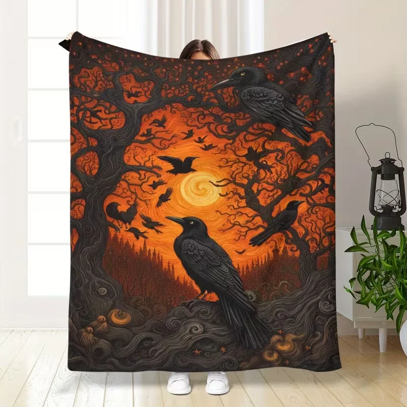 Dark Gothic Crow Forest Halloween Blanket Spooky Sunset Raven Tree Print Soft Warm Blanket For Sofa Bed Horror Themed Room Decor