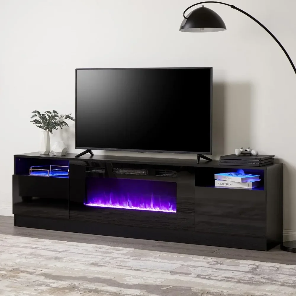 80 inch TV bench with 40 inch electric fireplace, large modern wooden TV cabinet with high-gloss cabinet and 12 color LED lights