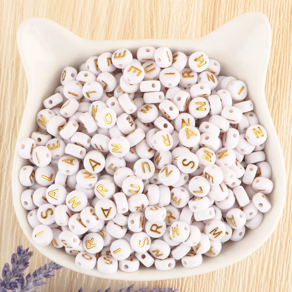 200-500pcs/Lot 7*7mm Acrylic Round White Background Gold Letter Beads For DIY Necklace Keychain Bracelet Handmade Products