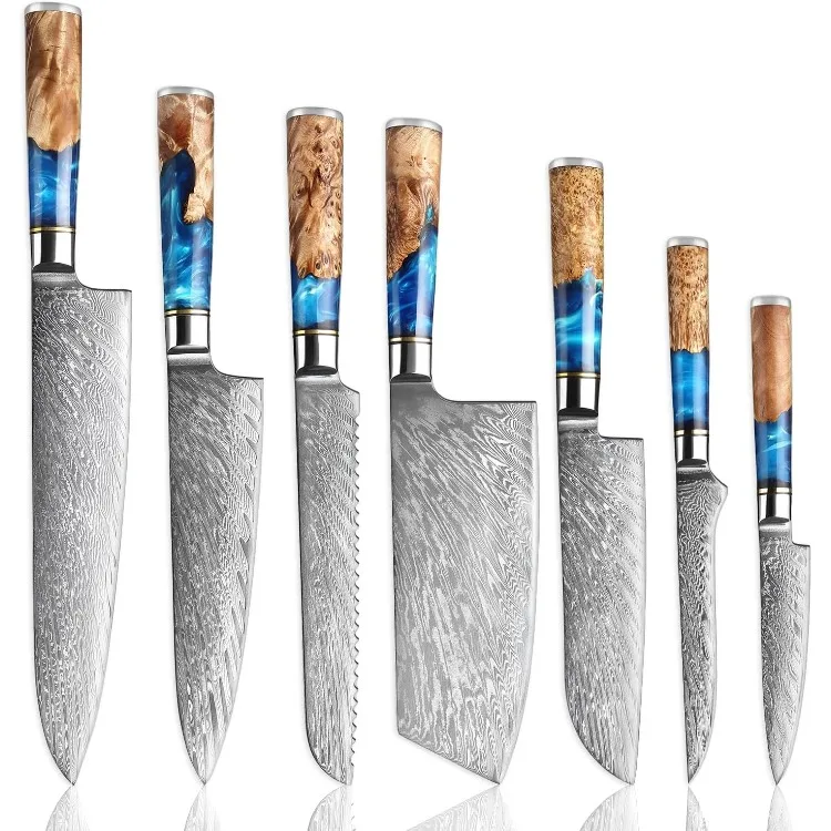 Conjunto de facas de cozinha damasco de 7 peças - Coleção Tsunami - Aço VG10 japonês de 67 camadas - Faca de chef, cutelo, Santoku