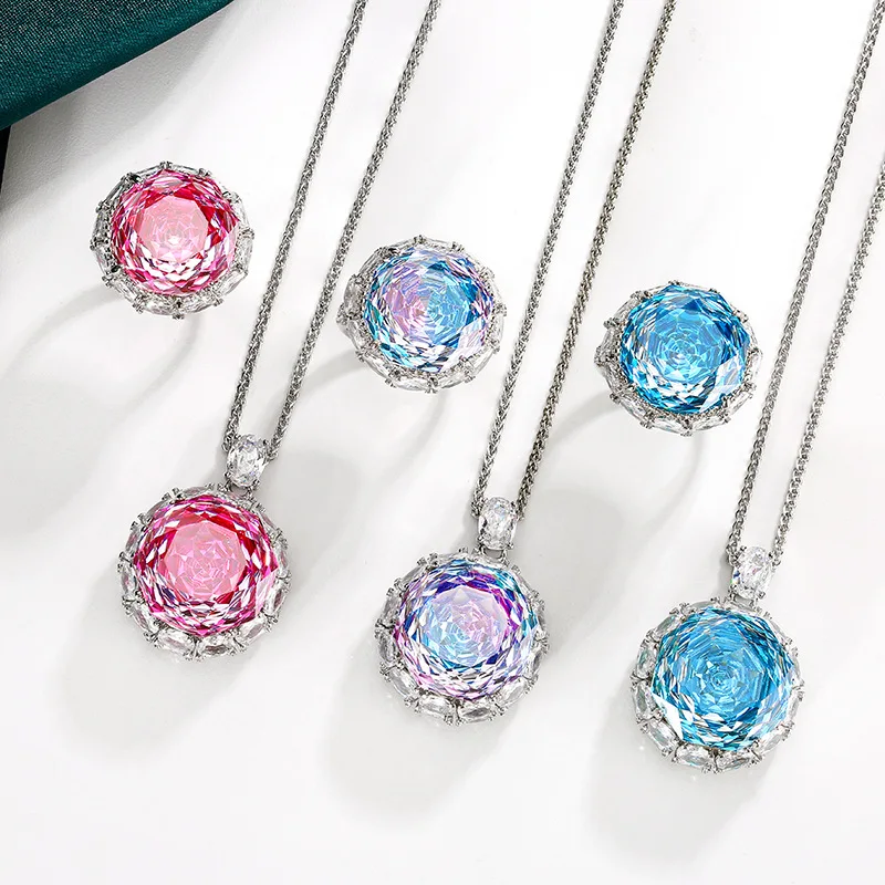 Rose Cut Stunning Pendant Necklace Finger Rings 16-18mm 5A Grade 3 Color Stone 55cm Neck Chain Ring Fashion Jewelry Accessories