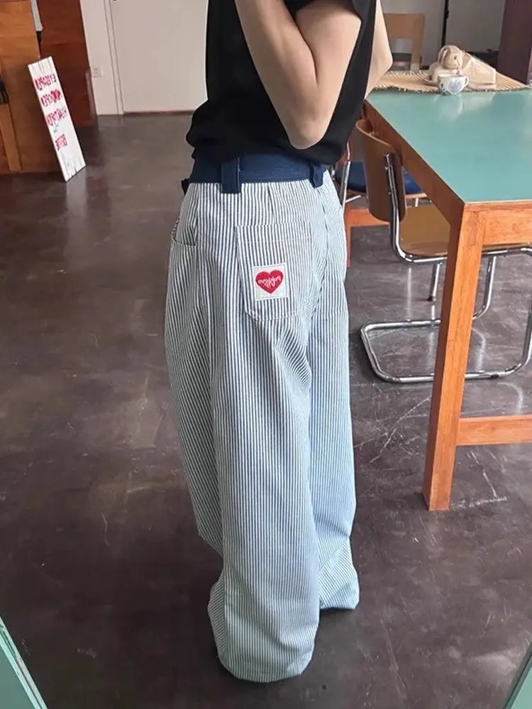 

American retro vertical striped pants children's summer thin loose lazy style wide-leg pants embroidered straight trousers