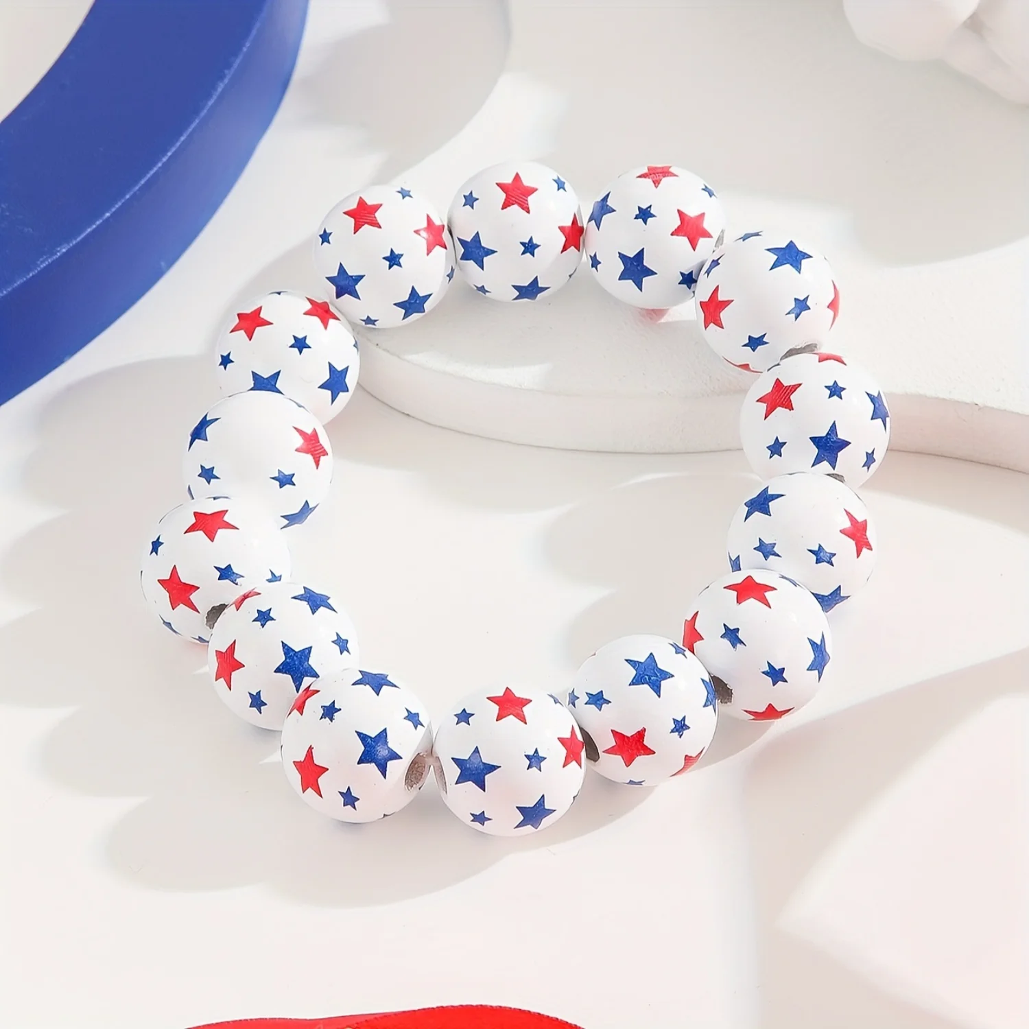 Patriotic Stretch Bracelet with Star Motif - July 4th Wooden Bead Jewelry