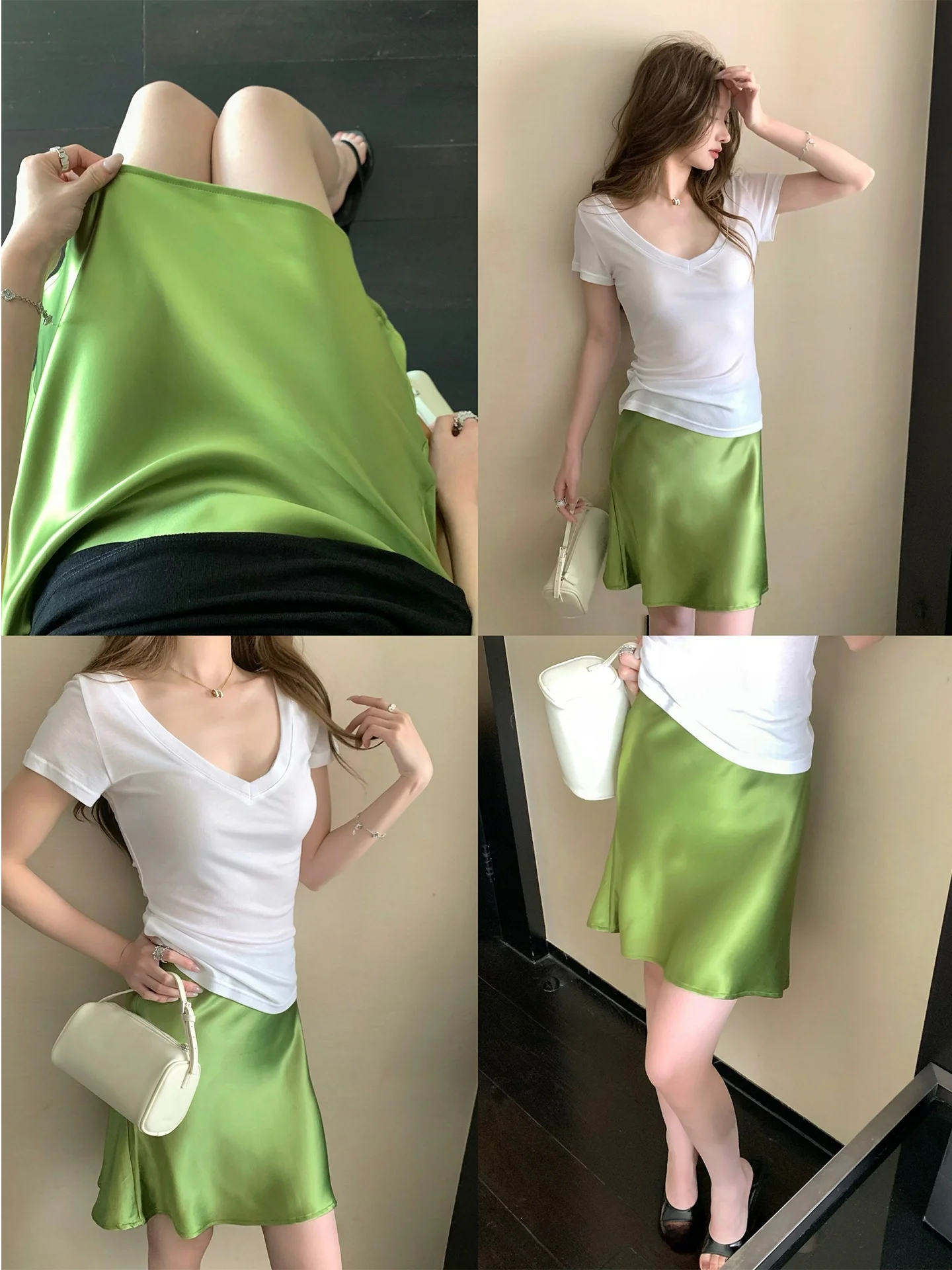

Green Satin A-Line Skirt Women's High Waist Slimming Spring New Style Elegant Feeling Short Skirt Ladies' Premium Feeling