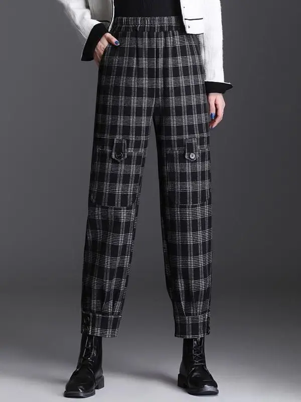 

Женские утепленные брюки с высокой талией на флисовой подкладке, повседневные, свободного кроя, утягивающие, осенне-зимние, новые, в стиле Харадзюку