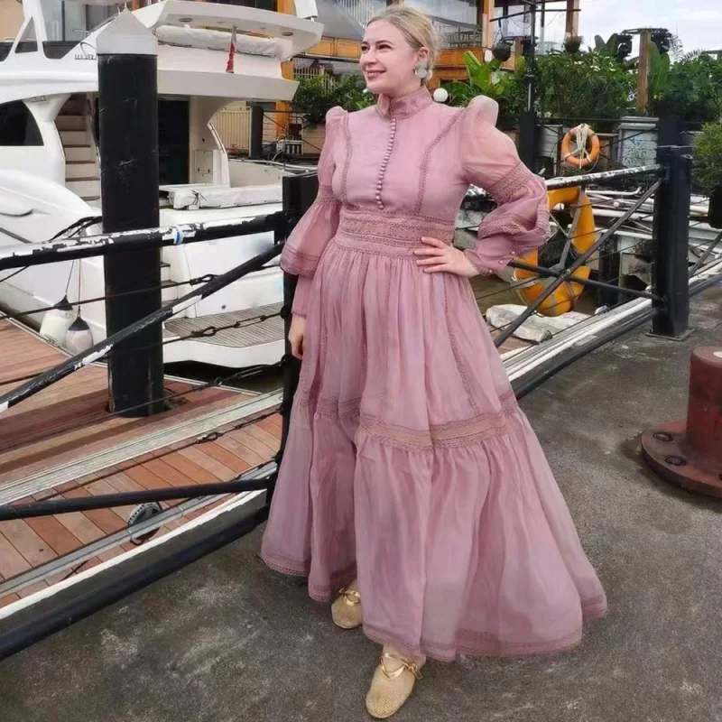 الفرنسية الرجعية اللباس المرأة الأورجانزا المرقعة الدانتيل الدانتيل الدانتيل الوقوف طوق بأكمام طويلة عالية الخصر بلون اللباس #3