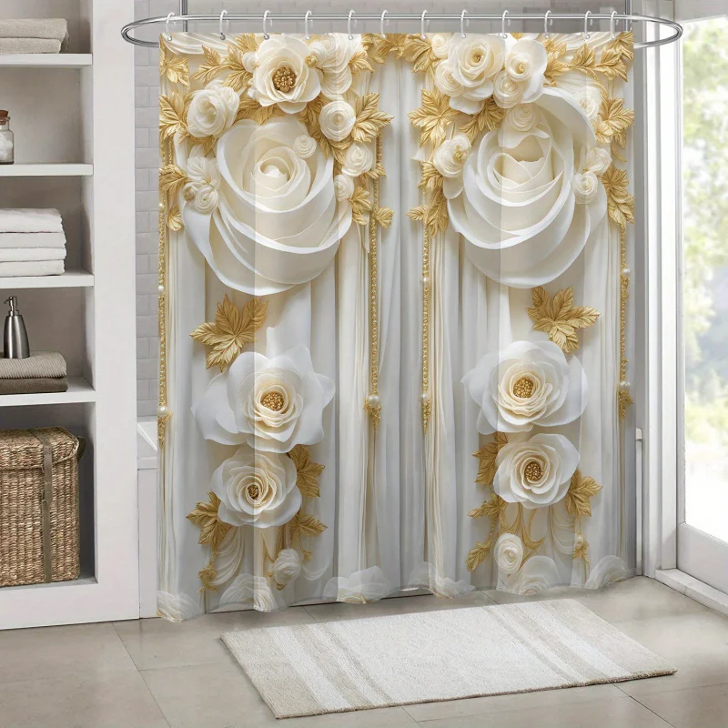 1pc White Rose Pearl Faux Printed Shower Curtain, Waterproof Polyester Fabric with Hooks, Window And Wall Bathtub Bathro