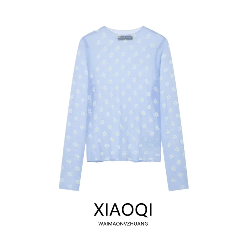 

Women's Long Sleeve round Neck Floral Semi-Transparent Top Covering Shirt New Summer 2026 Commute Style Loose Fit Other Material