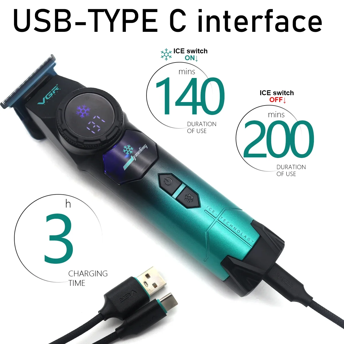 VGR V-946 Hair Trimmer DLC T Blade 8000RPM Brushless Metal Body Ice Technology Blue Ceramic For Barber Carver Designing Trimming