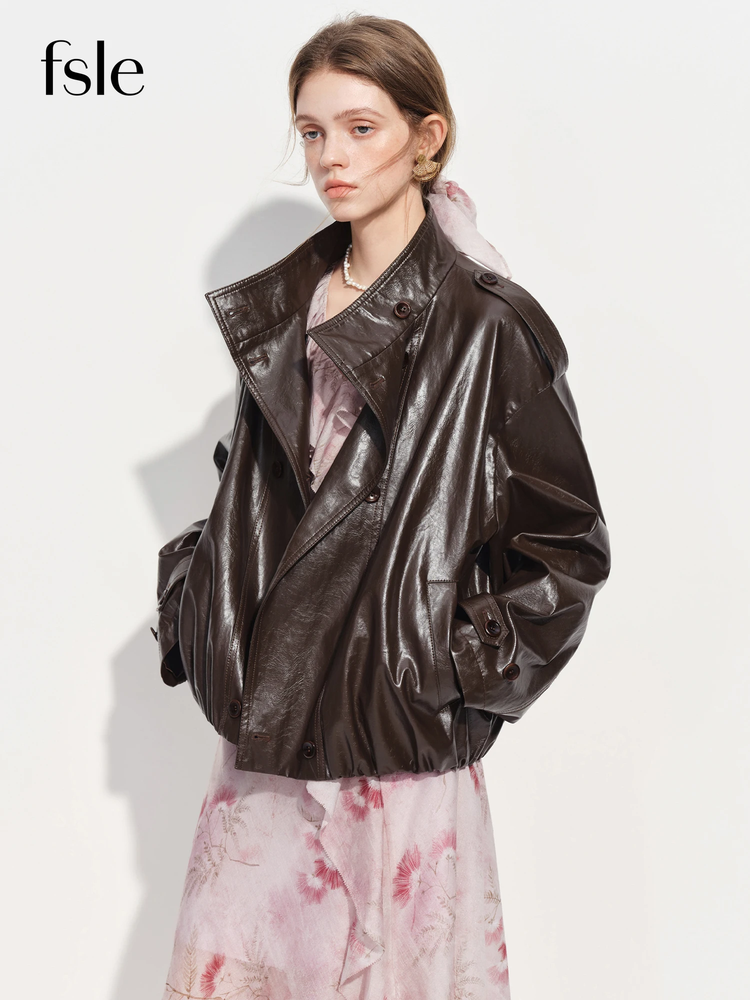 FSLE【Premium Series】Women's Oversize Short Trench Coat Brown Faux Leather Belted Jacket Grey Windbreaker Y2K Retro Outerwear