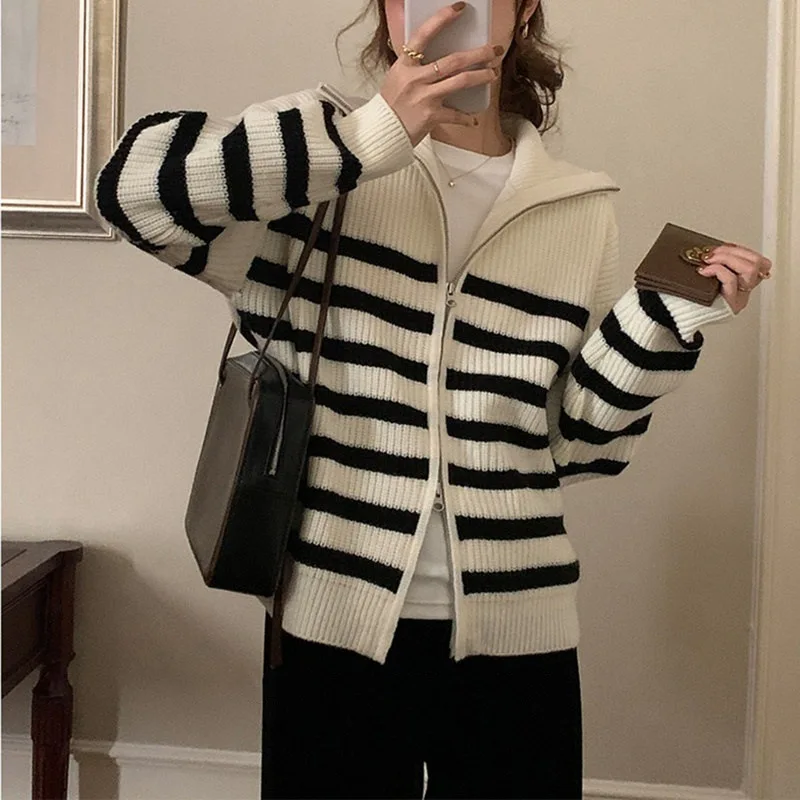 HOUZHOU Striped Zipper Knitted Cardigan Sweater Women Winter Coat Outwear Jumper for Female Korean Streetwear Loose Casual