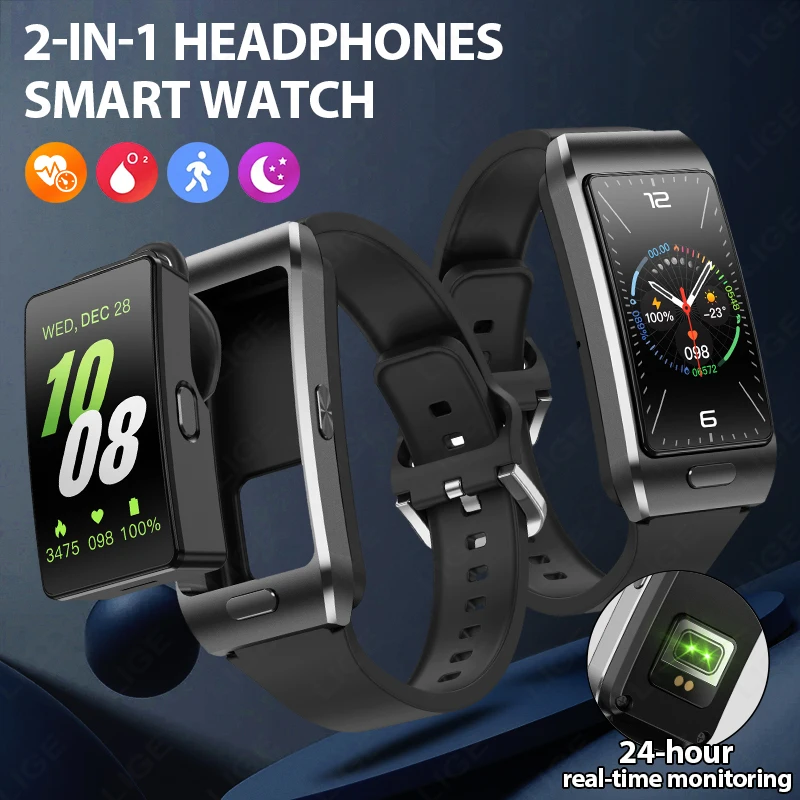 LIGE New 2 in1 Detachable Earphones Smart Watch Men Women ECG Bluetooth Call GPS Track Health Monitoring Sports Smartwatch Women