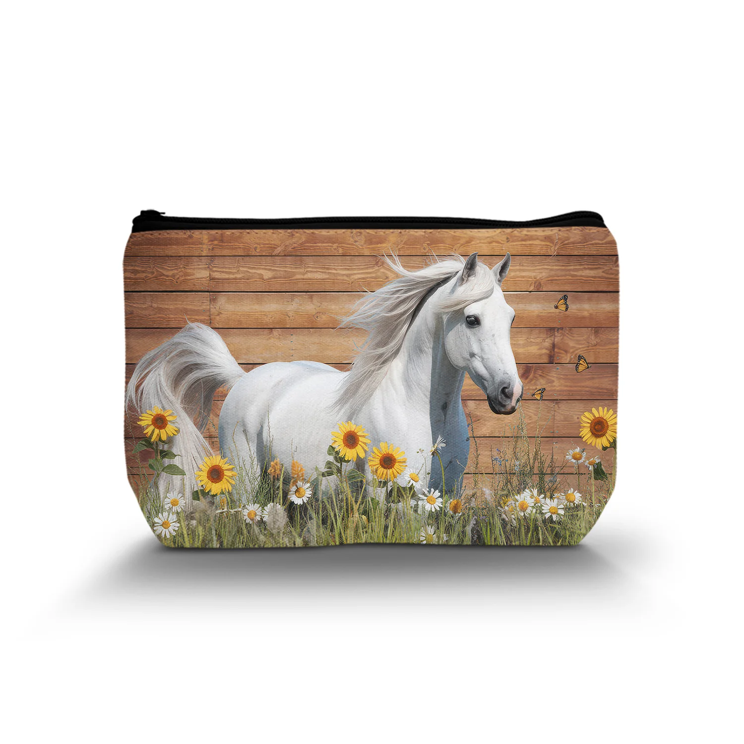 1Pc White Horse Cosmetic Bag With Zipper Brown Wood Background Garden Grassland Portable Fashion Makeup Bag