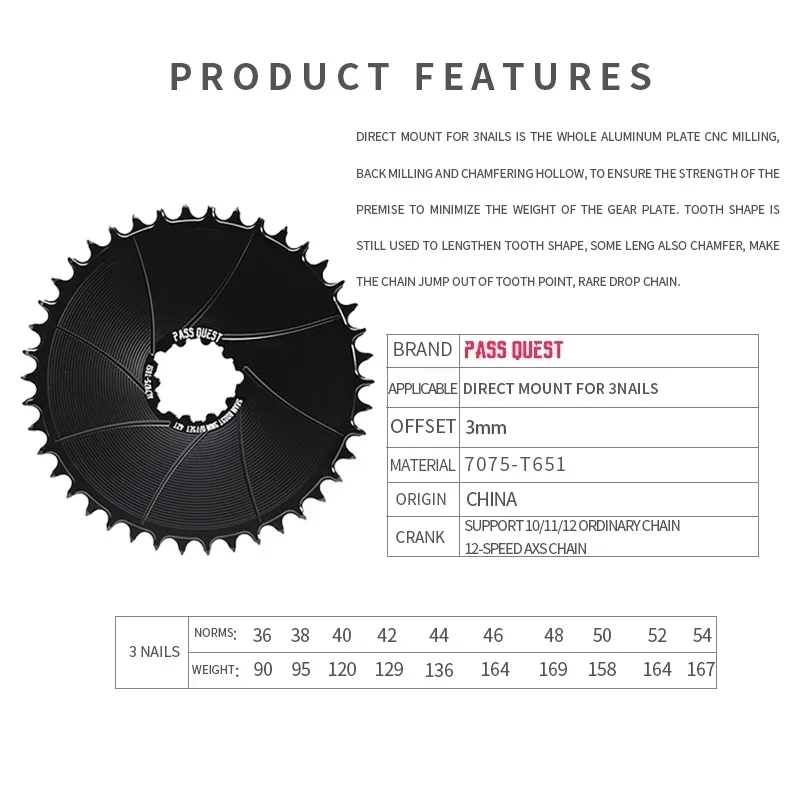 PASS QUEST 3mm Offset 36T-54T AERO Chainring Direct Mount Norrow Wide Teeth Chainwheel for SRAM DUB AXS 12 Speed