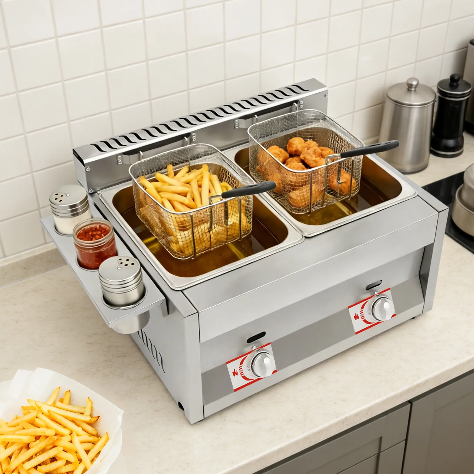 6L Doppel-Tank Gas-Fritteuse aus Edelstahl 430, 50-380 ° Kommerzieller Temperaturbereich für Pommes Frites, Hähnchenflügel & Nuggets, US-Standard