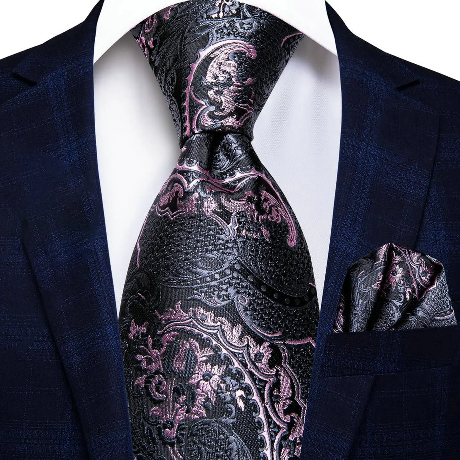 VERVEROW Men Black Pink Paisley Jacquard Necktie Pocket Square Set Elegant Formal Tie Handkerchief Suit for Wedding
