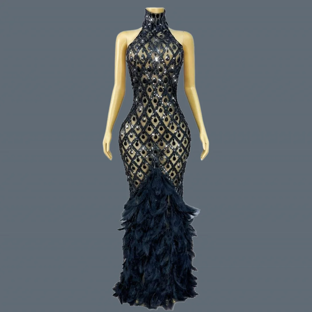 

Chic Sparkly Rhinestone Feather Sleeveless Sexy Long Dress Women Birthday Party Fashion Elegant Sexy Evening Dress Shaokaojia