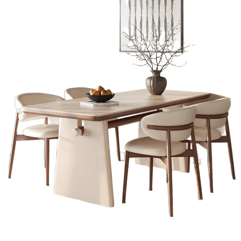 

##Travertine Sintered Stone Wooden Dining Table Set Modern Rectangular Table for Villa Home Furniture Waterproof & Durable