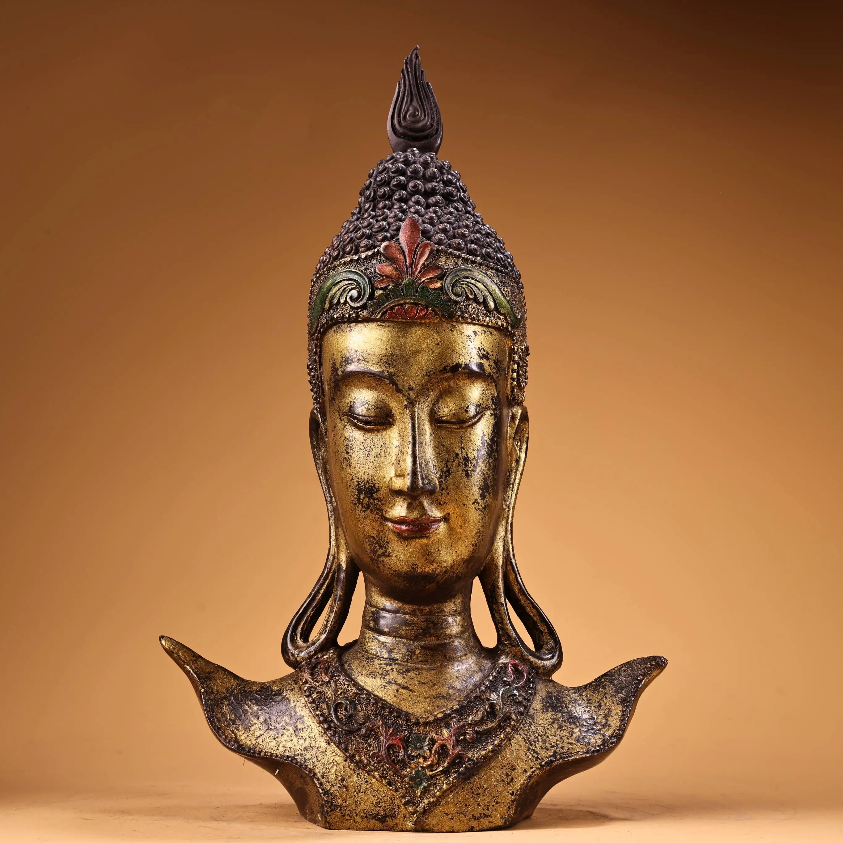 

15"Tibetan Temple Collection Old Bronze Cinnabar Mud gold High Relief Shakyamuni Buddha Head Treves Amitabha Worship Hall