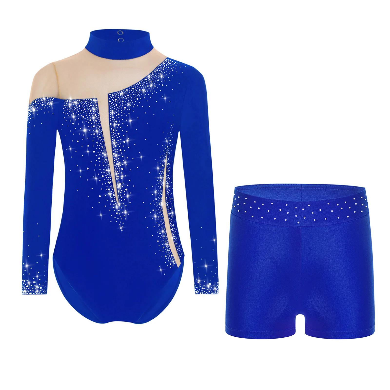 Justaucorps à strass scintillants, manches longues, trou de serrure, maille transparente, Patchwork, gymnastique, patinage artistique, Performance, vêtements de danse