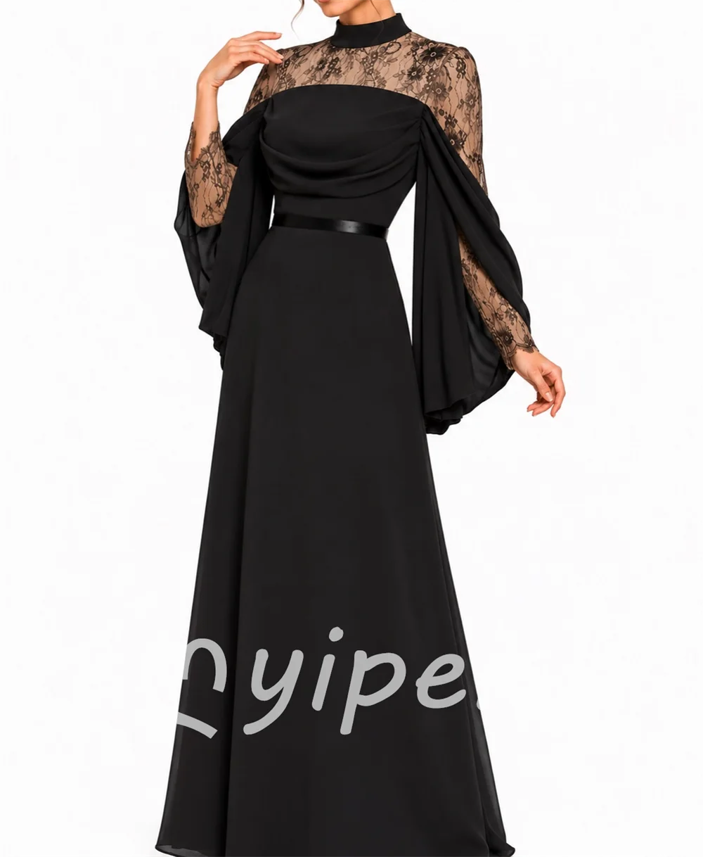 Gentle High Quality Black Jersey Lace Sash Ruffles Mermaid High Collar Floor-Length Evening Dresses Guest for Woman Customized
