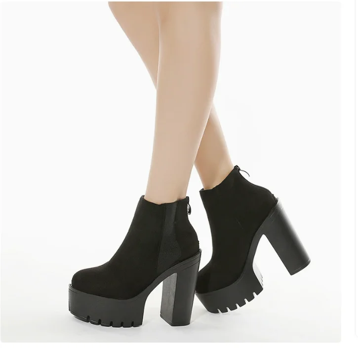 Sexy Black Women elastic fabric Boots High Heels Boots Fashion Round head Ankle Boots High Heels Platform Women's Dance Boots