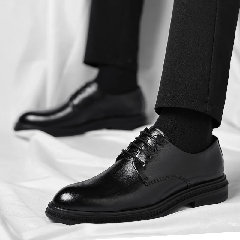 

Mens Black Textured Leather Pointed Toe Lace Up Derby Dress Shoes Thick Sole Formal Business Office Work Daily Wear Shoes
