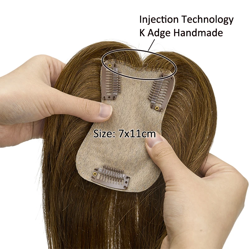 シルクベース女性用ヘアピース-インド人毛ウィッグ-ストレート-クリップ式人毛エクステ-7x11cm-本物の人毛ヘアピース-ナチュラルトッパー