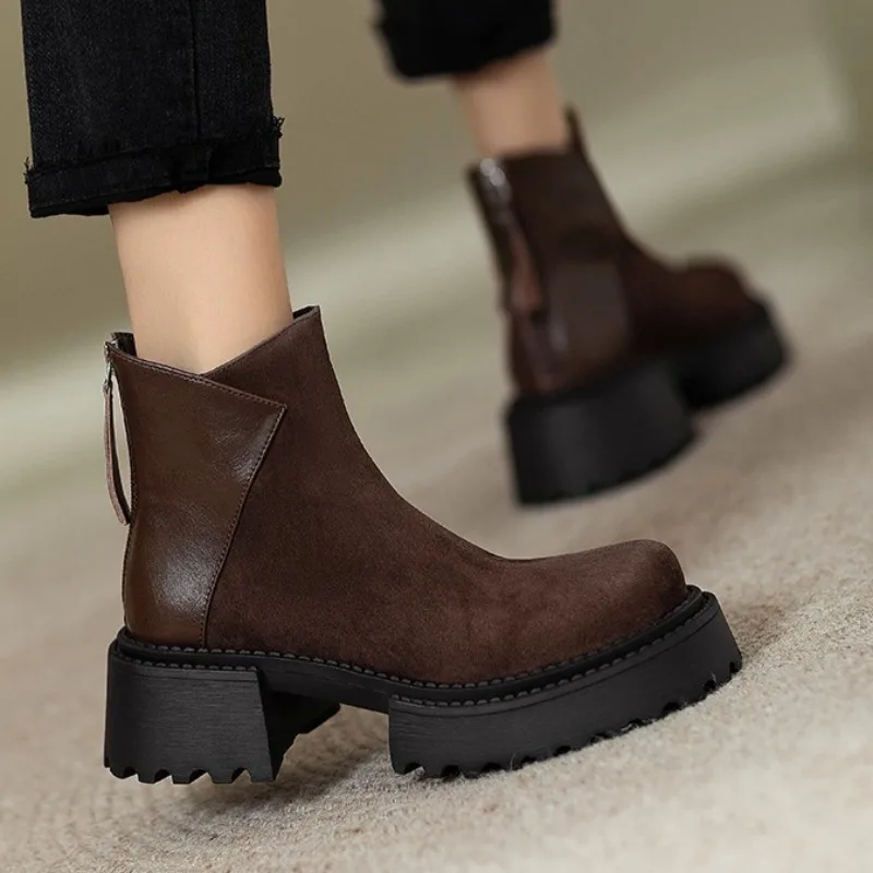 

Mid Heels Platform Women Suede Ankle Boots Designer Fashion New Shoes 2025 Winter Woman Short Boots Cozy Pumps Zapatillas Mujer