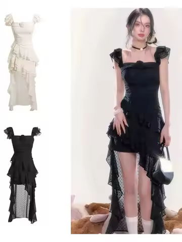 Summer Retro Y2K Evening Party Design Irregular Ruffle Edge Women's Tail Dress New Women Fashion Solid Color Bow Dress Korean