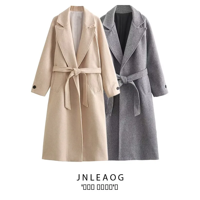

JNLEAOG Faionable Woolen Coat with Belt Design Women's Autumn New Sle Long Sve Street Sle Polyester Fiber Coat