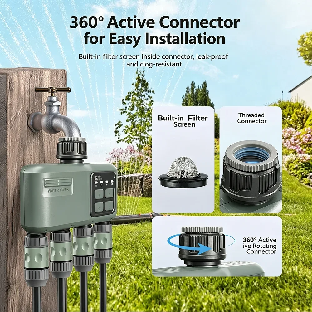 WiFi RF433 4-Outlet Smart Water Timer Tuya Programmable Automatic Garden Irrigation Sprinkler Controller with Rain Delay Filter