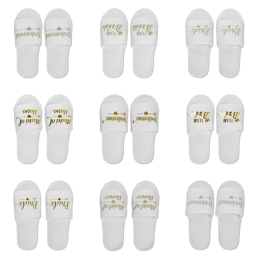 

Bride & Bridesmaid, Wedding Party Guests Home Slip On Shoes Bridal Party Slippers Open-toe With Golden, Mint Green and Pink
