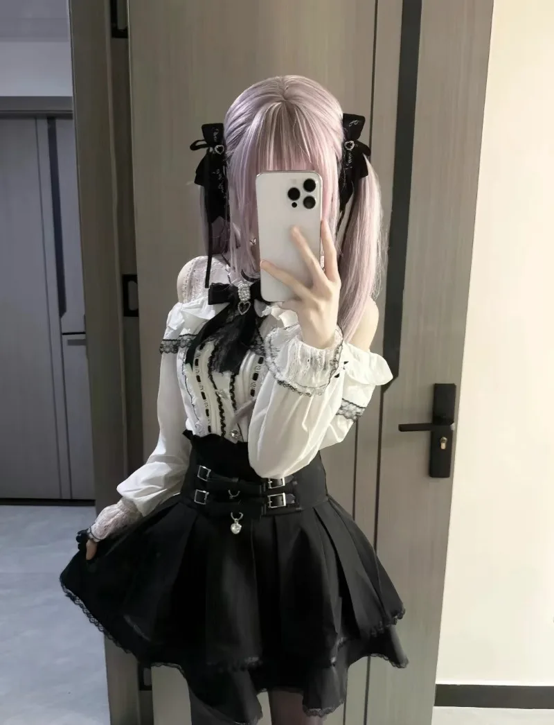 

Japanese Sweet Kawaii Bow Soft Girl Off Shoulder Design Shirt+high Waisted Short Skirt Two-piece Set Lolita Summer New Clothes