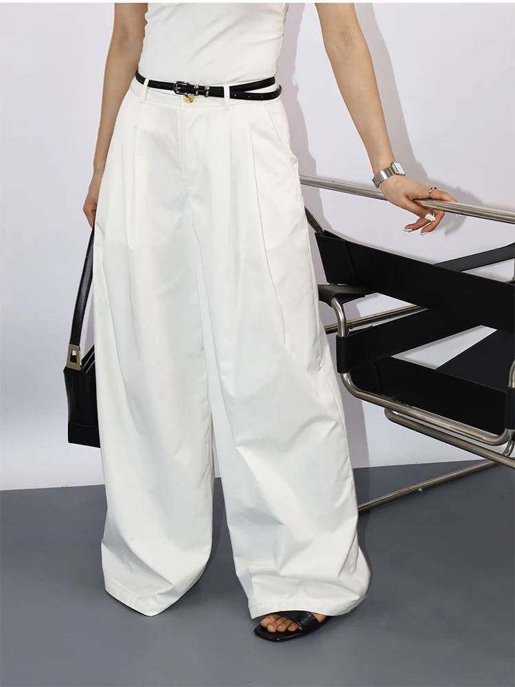

White High Waist Draped Wide Leg Pants Straight Cut Slimming Casual Versatile Suit Trousers by SHIMANINE Island Nine