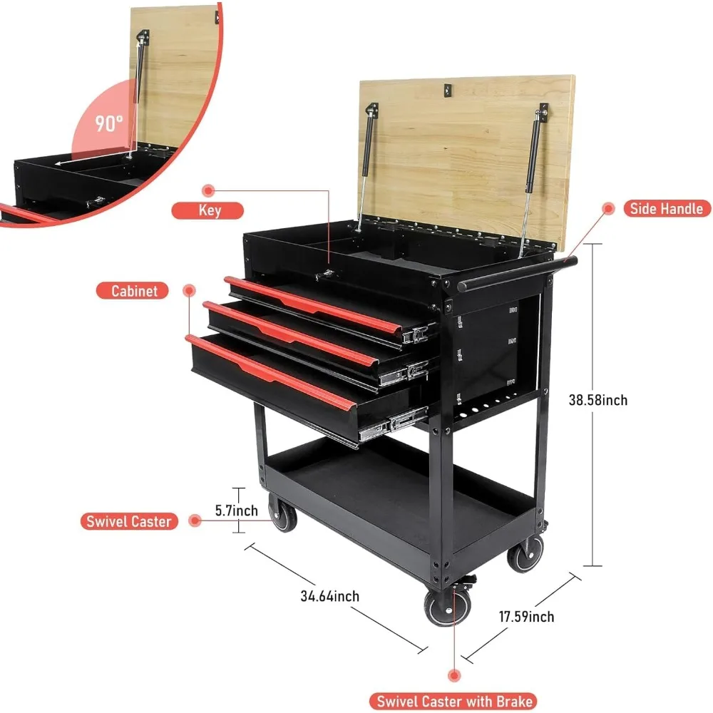 Armário de ferramentas multifuncional com rodinhas de 38 polegadas com tampo de madeira para oficina