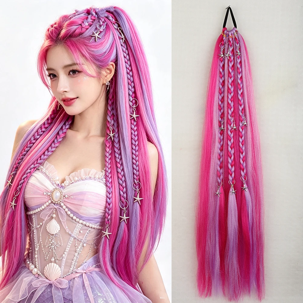 24inch Star Charm Colorful Braided Ponytail Hair Extensions, Synthetic Hair Braid Hair Tie for Party Cosplay