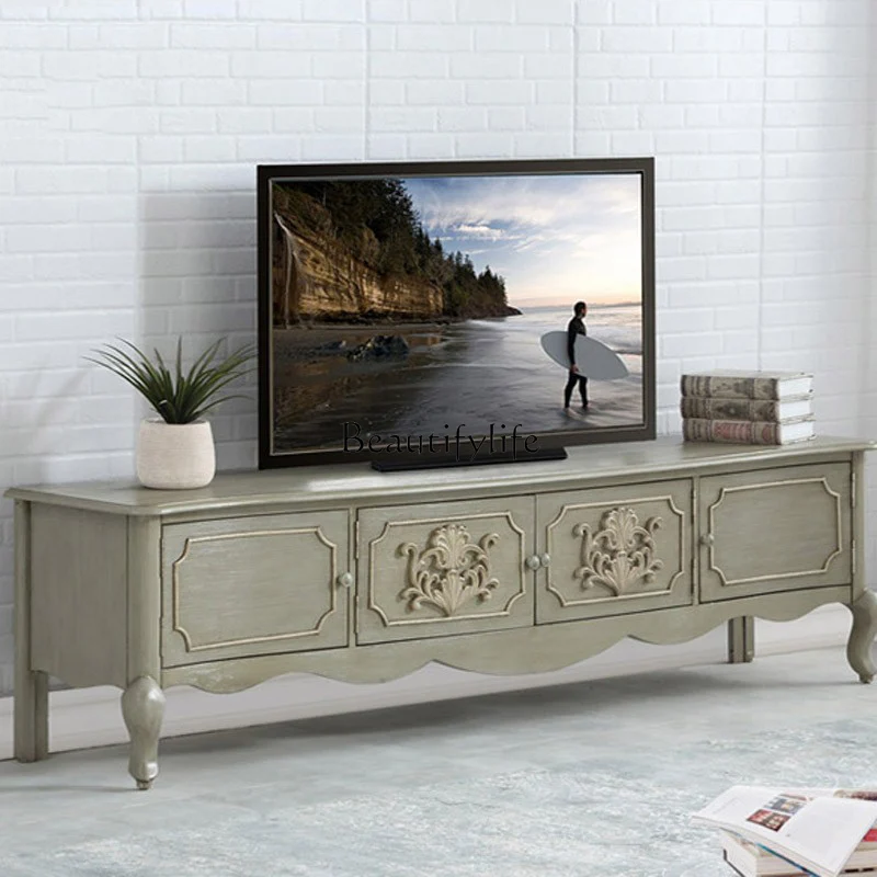 

American rural solid wood retro blue old carved TV cabinet simple