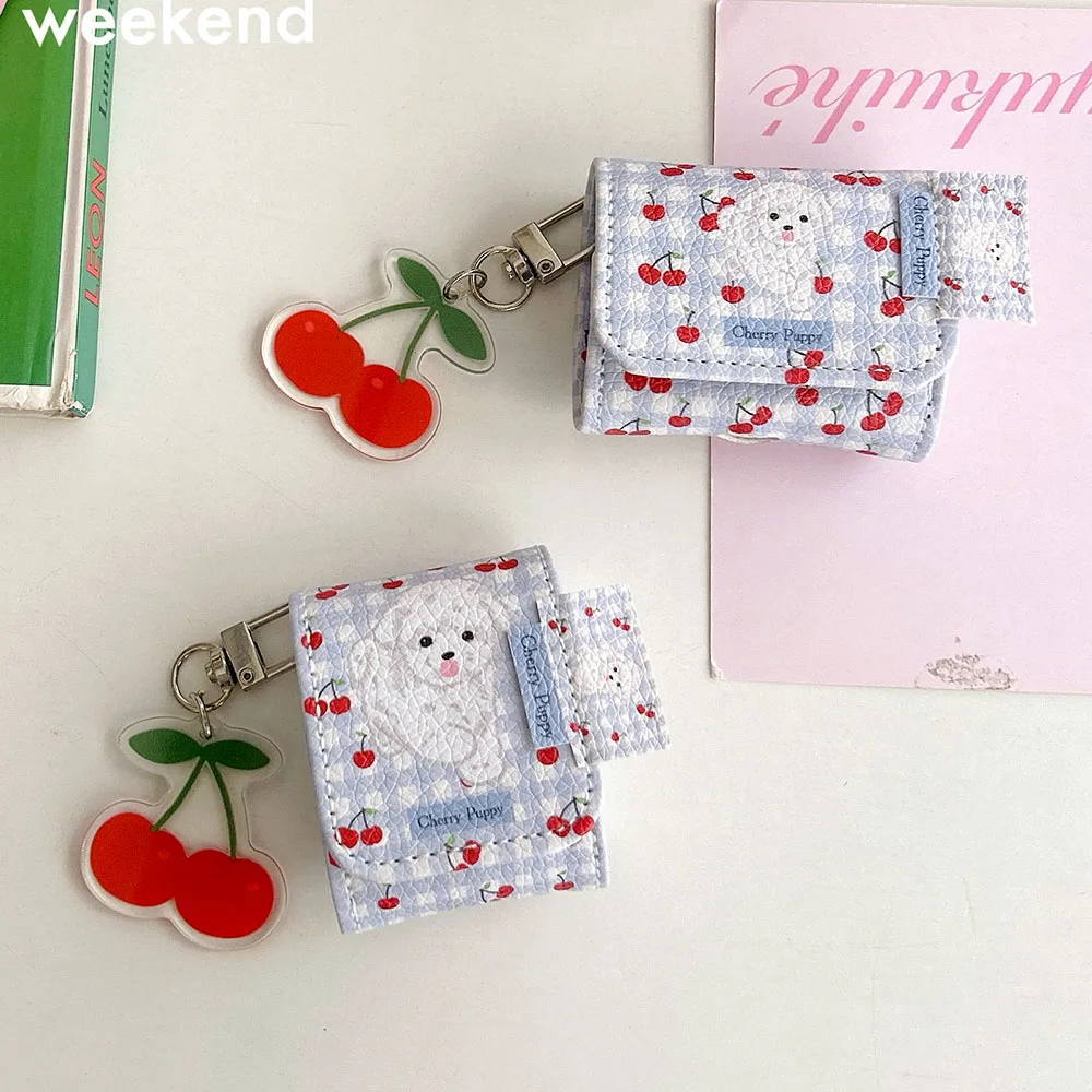 Cute Lattice Red Cherry Cartoon Dog Leather Bag Earphone Case For Airpods 3 Pro Protective Cover For Airpods 1 2 With Keychain