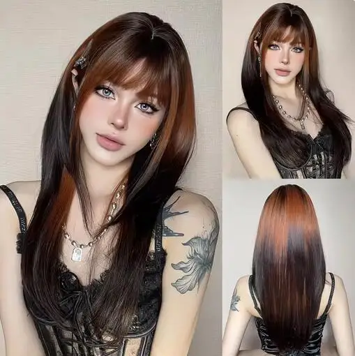 

Long Straight Ginger Ombre Brown Black Synthetic Wigs Cosplay Wig with Bang for Women Afro Party Lolita Use Heat Resistant Fibre