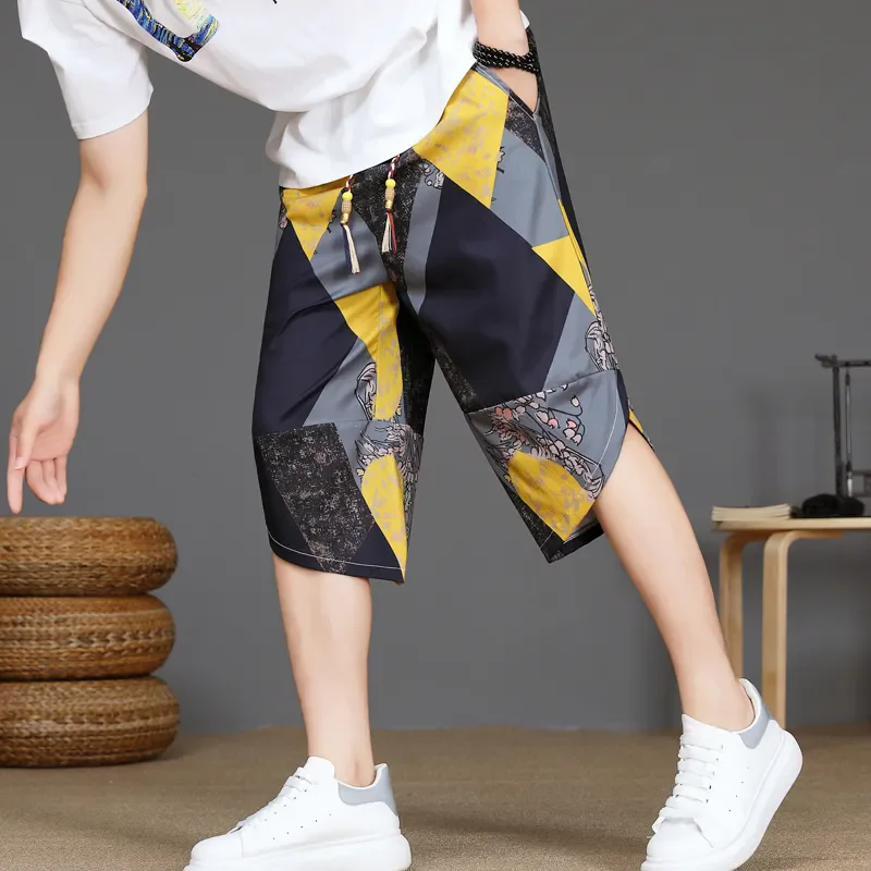 Men's Cropped Pants Summer Thin Breathable Ice Silk Shorts Chinese Loose Large Size Harun Casual Trendy Breeches