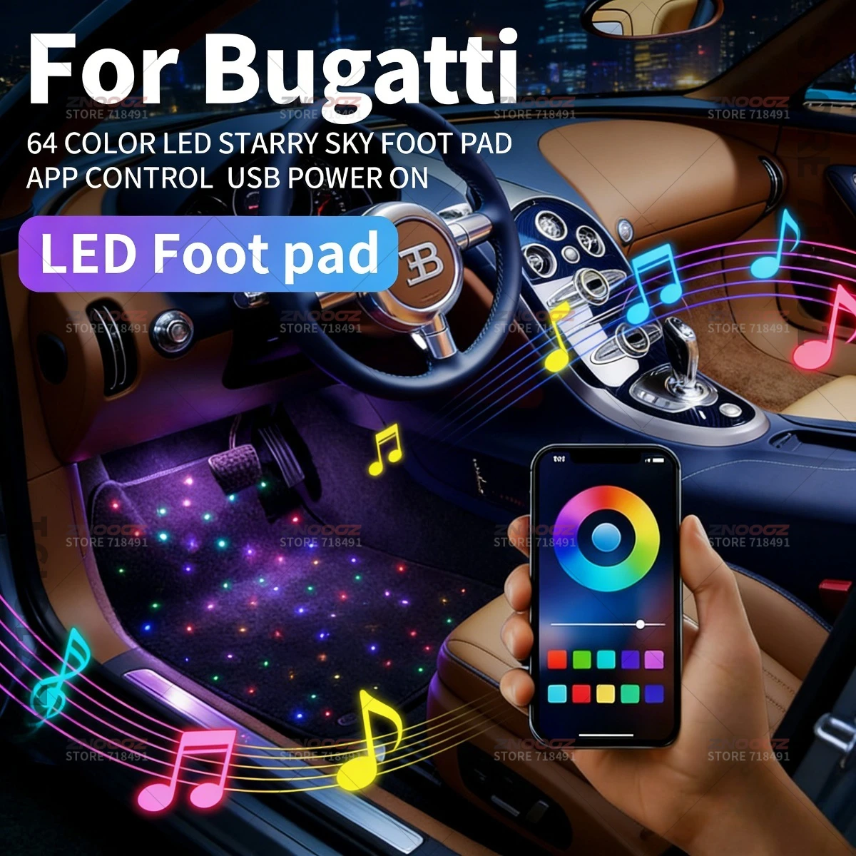 Para Bugatti Veyron Chiron Divo Centodieci Bolide USB coche LED cielo estrellado alfombrilla para pies DIY se puede cortar